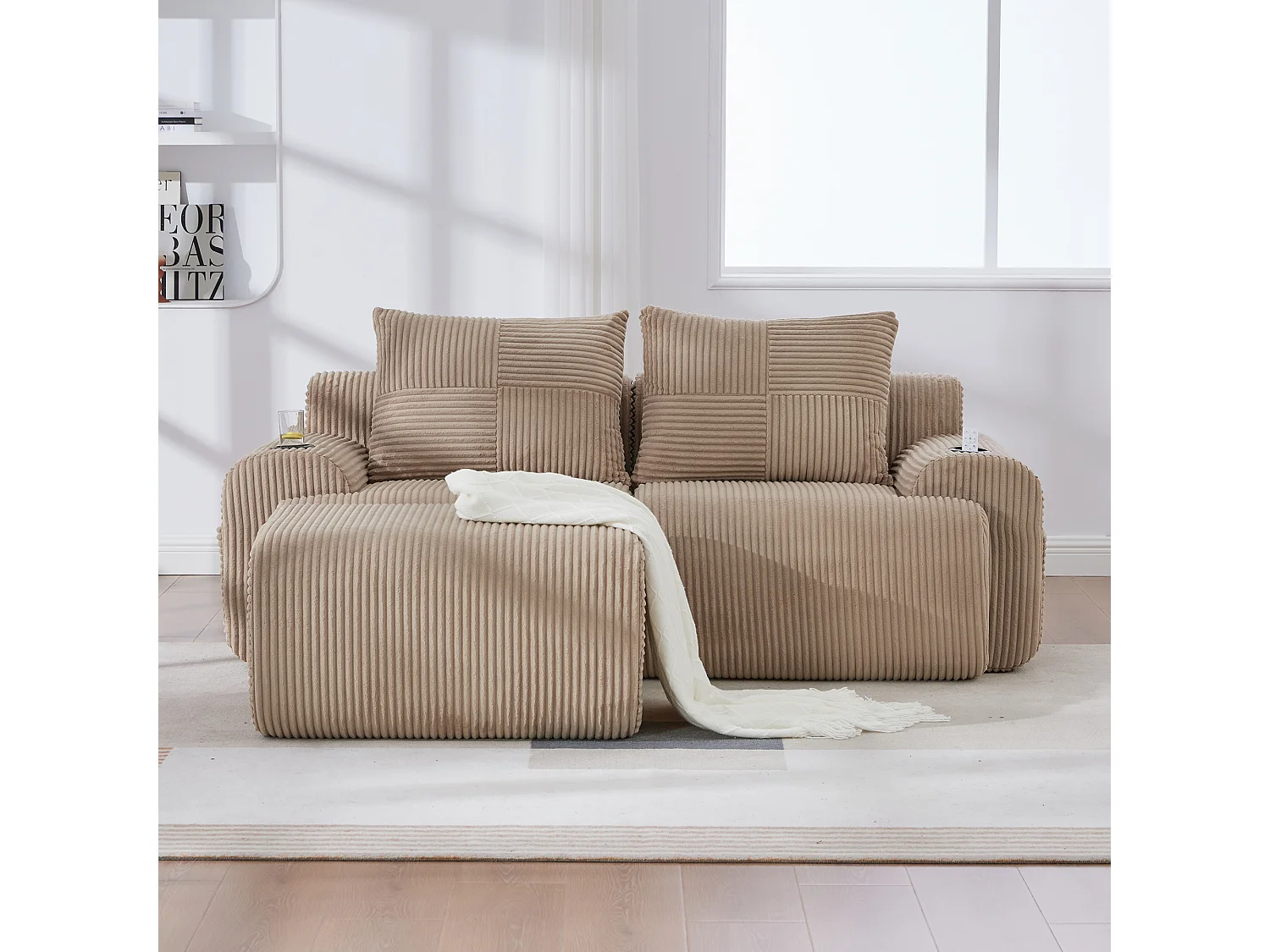 Canapé modulable 2 places - 200 x 174 x 80 cm - avec 1 poufs + porte-gobelets + poche de rangement - velours - kaki