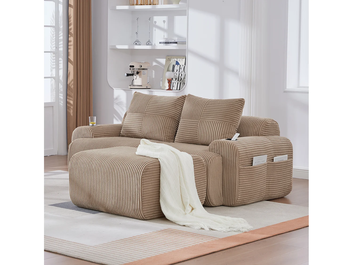 Canapé modulable 2 places - 200 x 174 x 80 cm - avec 1 poufs + porte-gobelets + poche de rangement - velours - kaki
