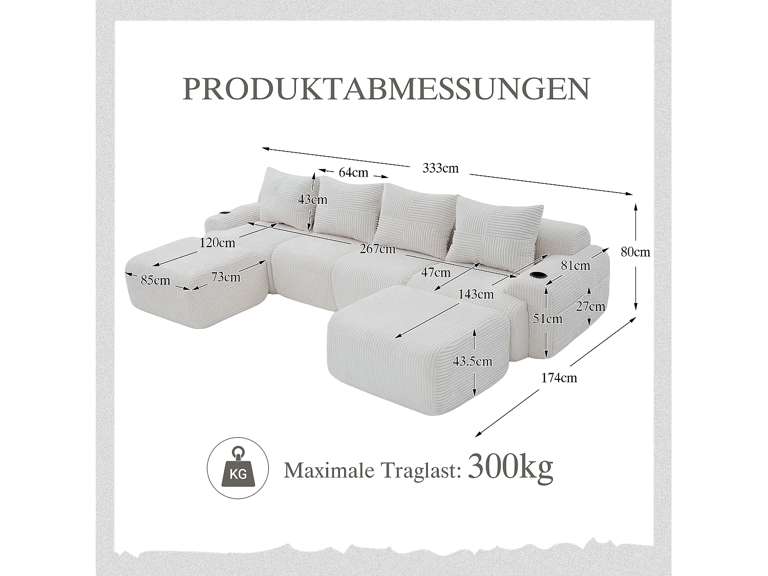Canapé modulable 4 places - 333 x 174 x 80 cm - avec 2 poufs + porte-gobelets + poche de rangement - velours - beige