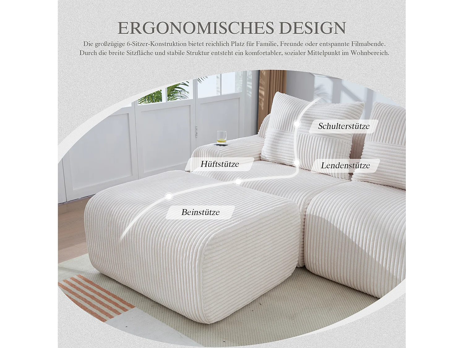 Canapé modulable 4 places - 333 x 174 x 80 cm - avec 2 poufs + porte-gobelets + poche de rangement - velours - beige