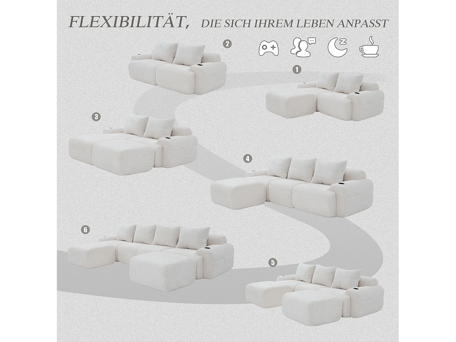 Canapé modulable 4 places - 333 x 174 x 80 cm - avec 2 poufs + porte-gobelets + poche de rangement - velours - beige