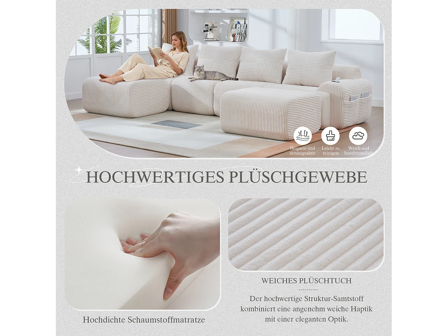 Canapé modulable 4 places - 333 x 174 x 80 cm - avec 2 poufs + porte-gobelets + poche de rangement - velours - beige