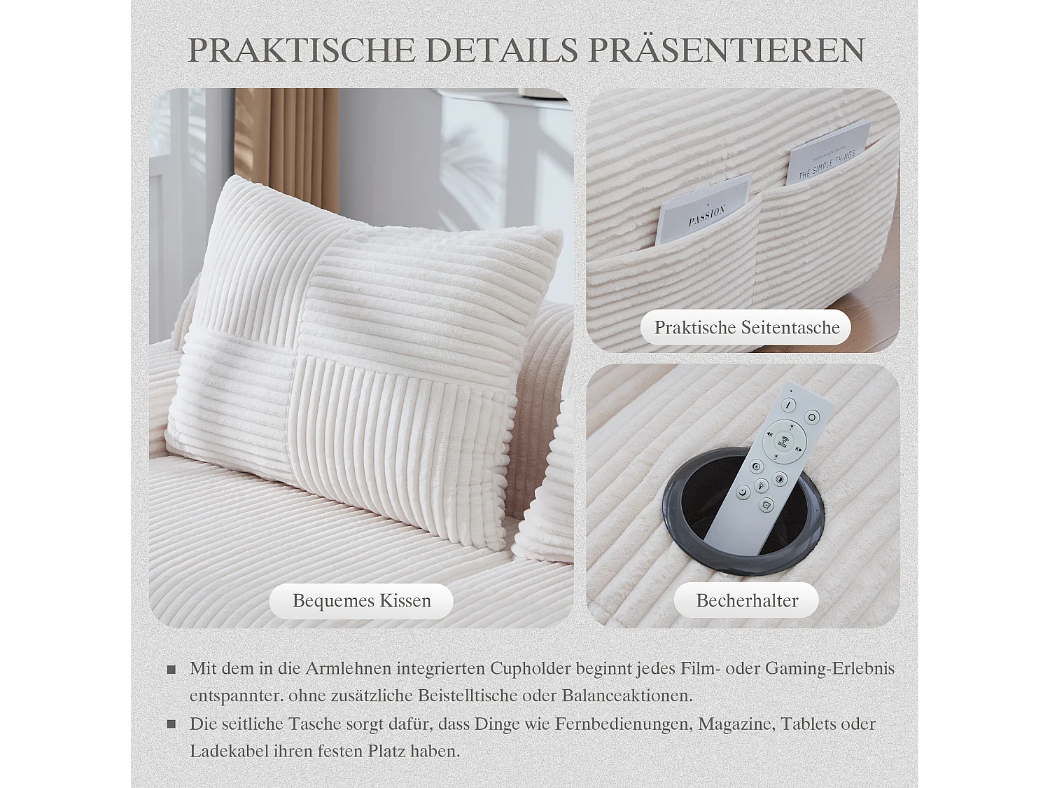 Canapé modulable 4 places - 333 x 174 x 80 cm - avec 2 poufs + porte-gobelets + poche de rangement - velours - beige