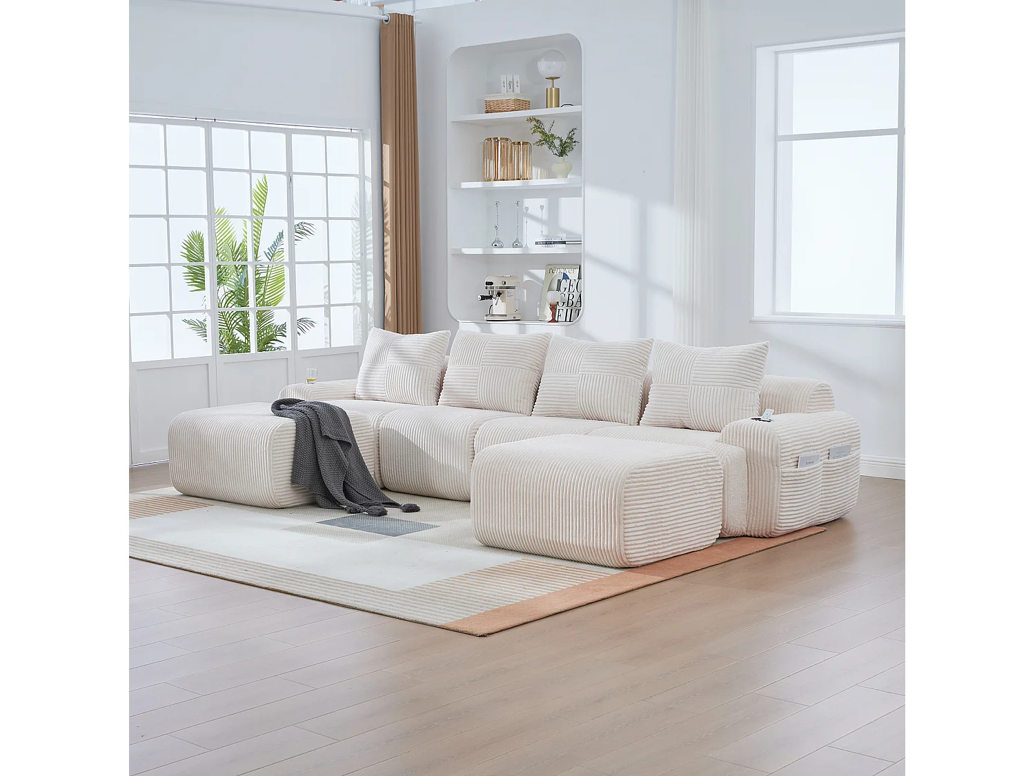 Canapé modulable 4 places - 333 x 174 x 80 cm - avec 2 poufs + porte-gobelets + poche de rangement - velours - beige