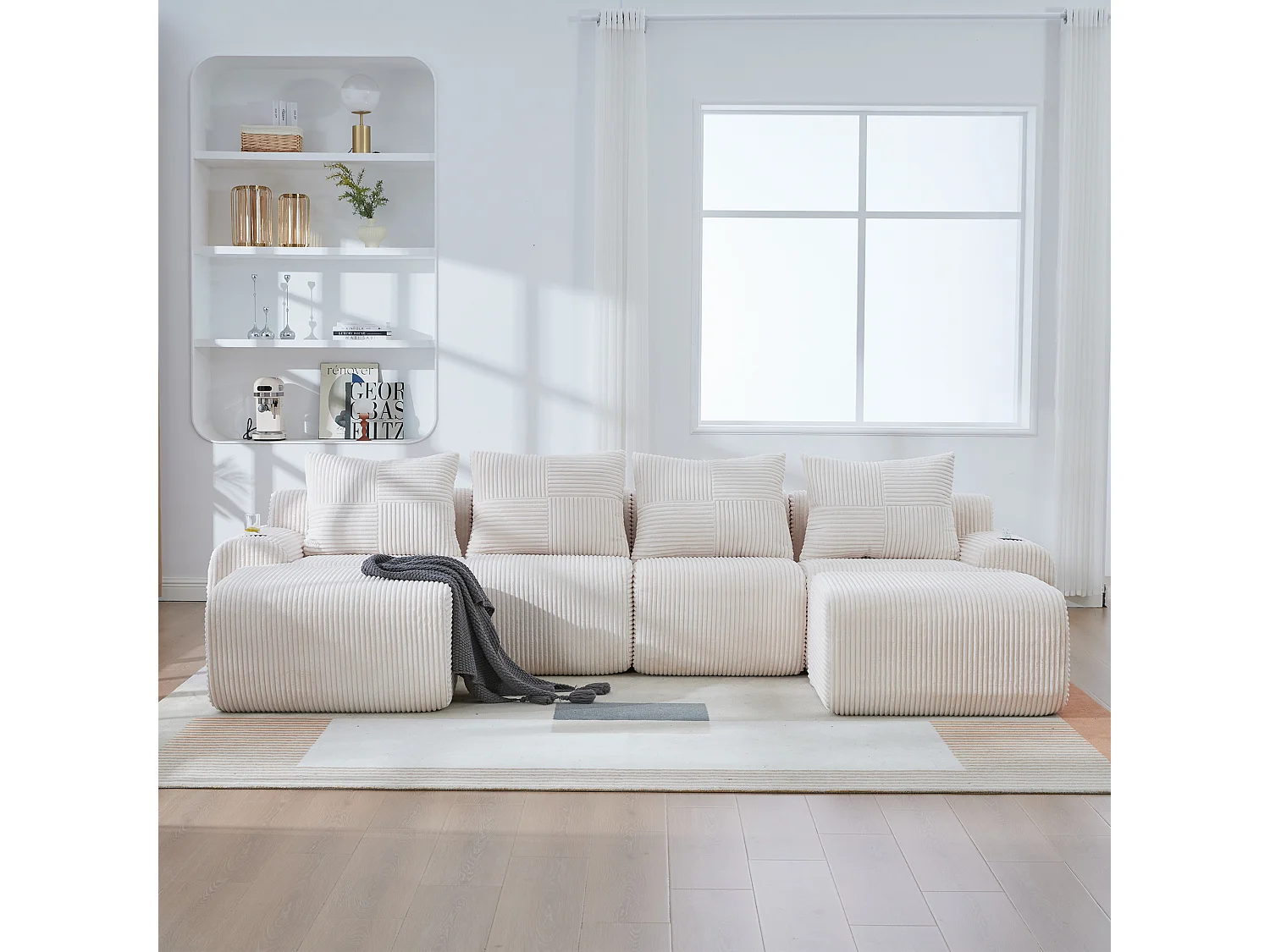 Canapé modulable 4 places - 333 x 174 x 80 cm - avec 2 poufs + porte-gobelets + poche de rangement - velours - beige