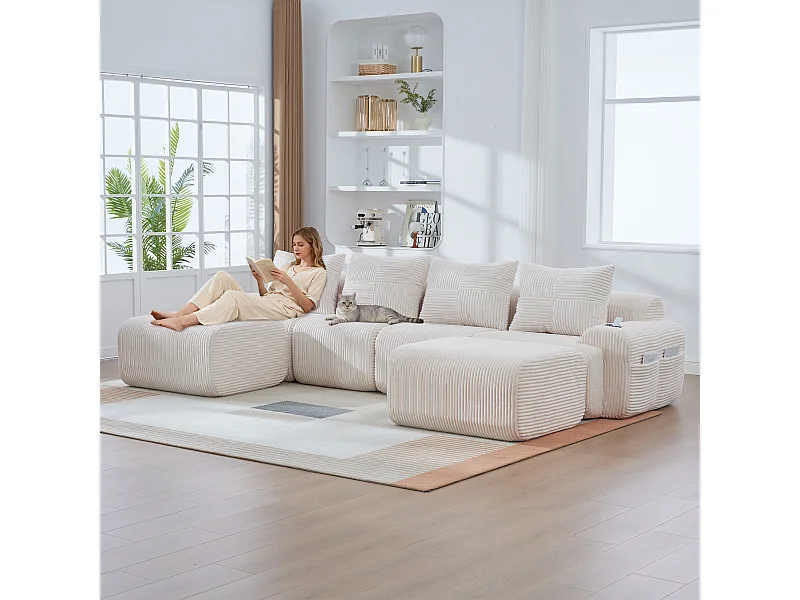 Sofa modułowa 4-osobowa - 333 x 174 x 80 cm - z 2 pufami + uchwytami na kubki + kieszenią do przechowywania - aksamitna - beżowa