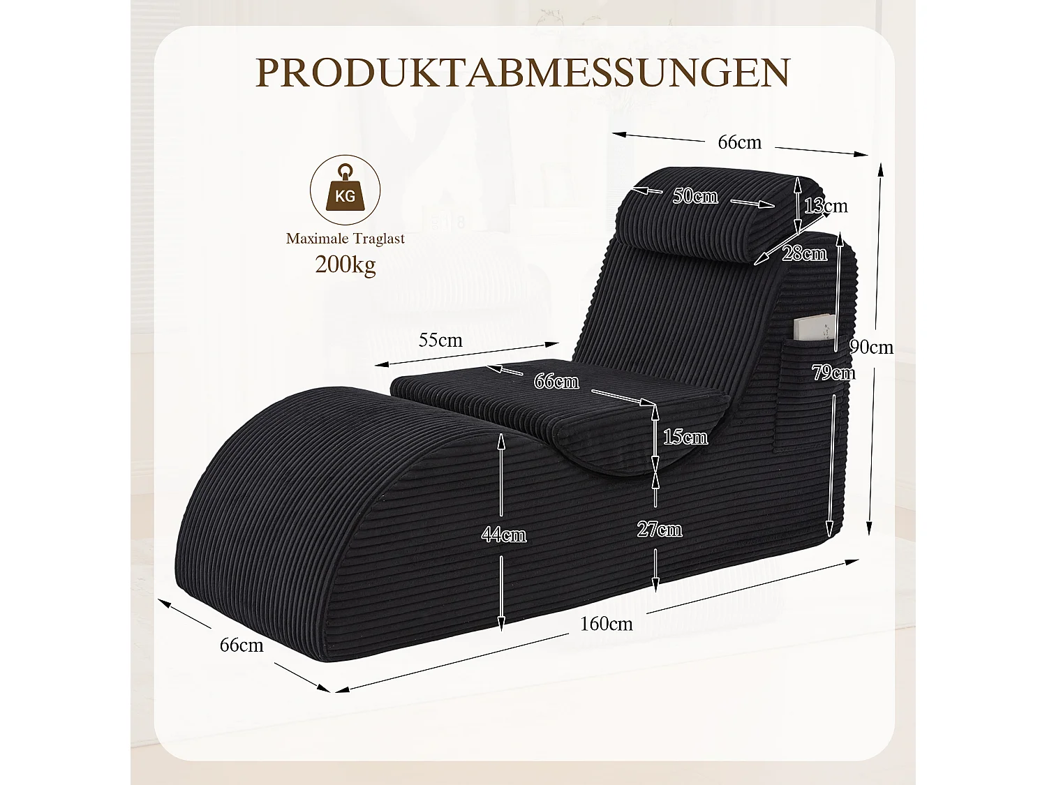 Canapé moderne au design unique et ergonomique - 160 x 66 x 90 cm - avec coussin d'assise amovible - velours - noir