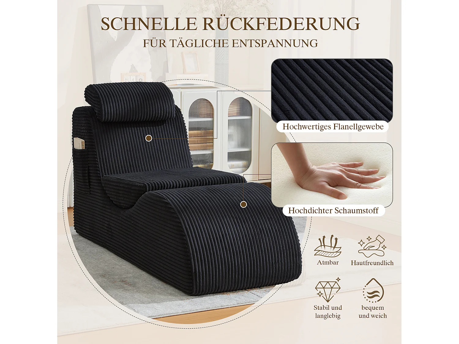 Canapé moderne au design unique et ergonomique - 160 x 66 x 90 cm - avec coussin d'assise amovible - velours - noir