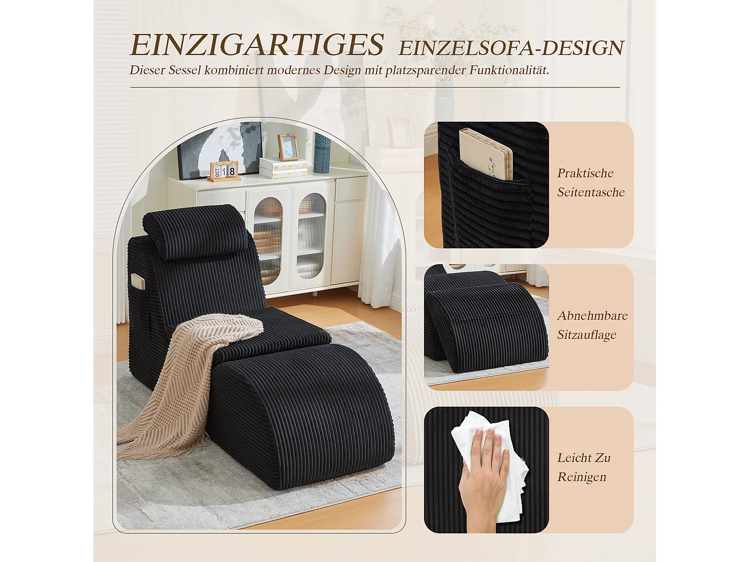 Canapé moderne au design unique et ergonomique - 160 x 66 x 90 cm - avec coussin d'assise amovible - velours - noir