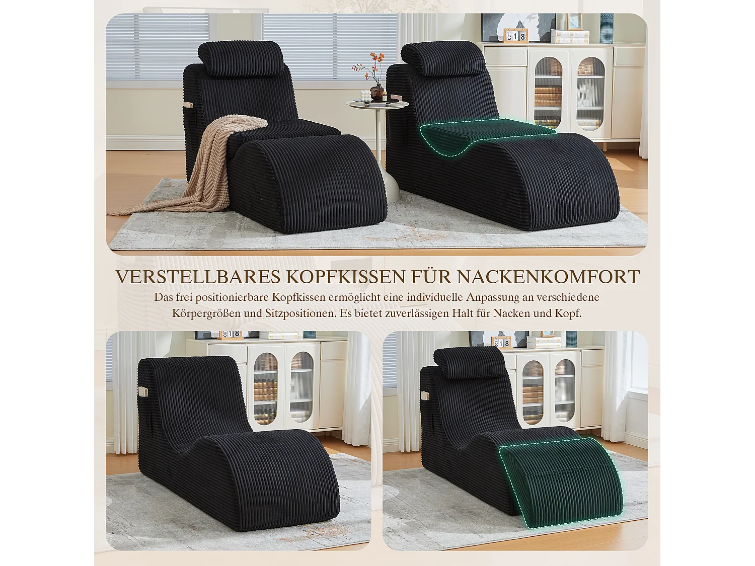 Canapé moderne au design unique et ergonomique - 160 x 66 x 90 cm - avec coussin d'assise amovible - velours - noir