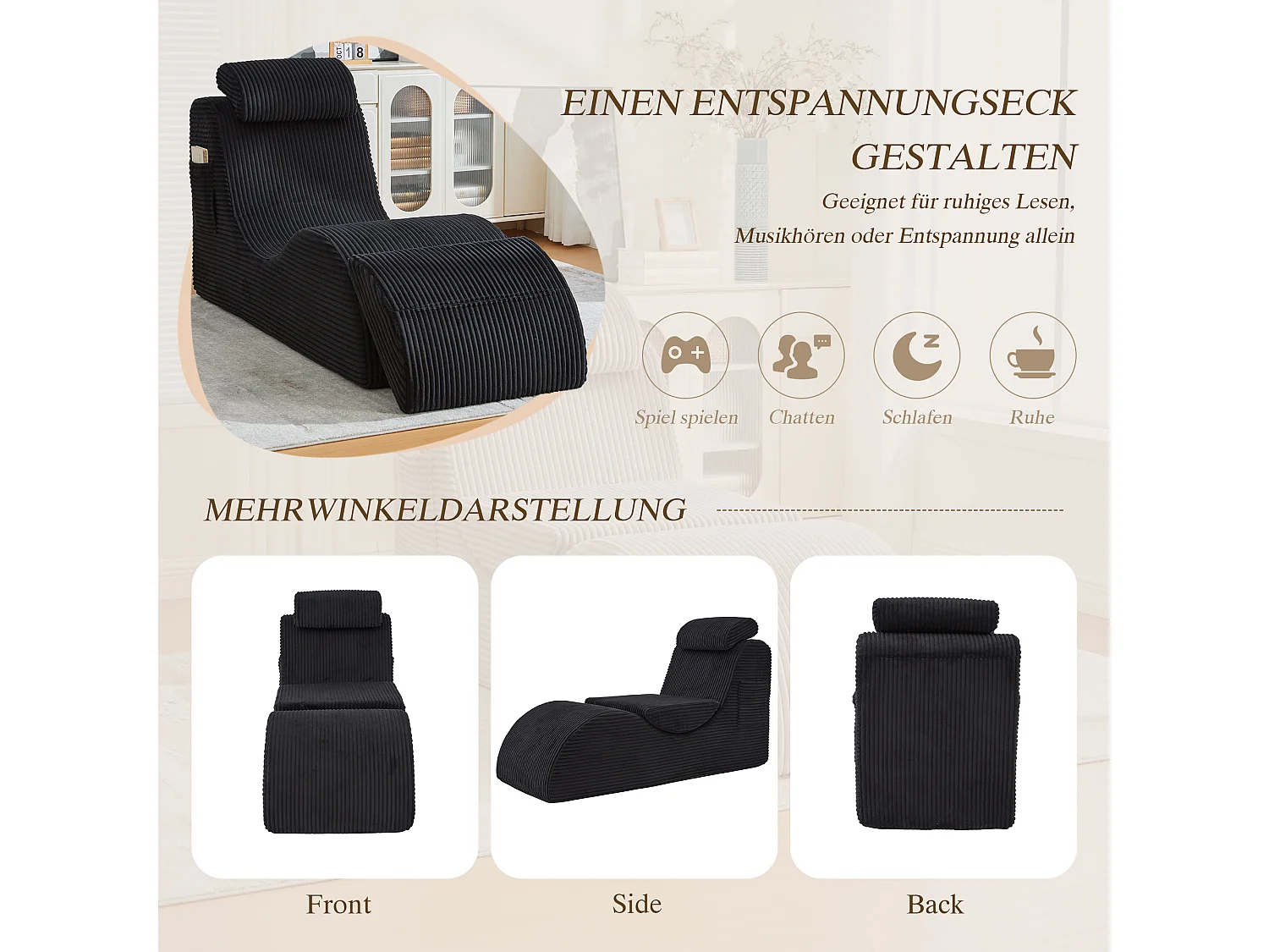 Canapé moderne au design unique et ergonomique - 160 x 66 x 90 cm - avec coussin d'assise amovible - velours - noir