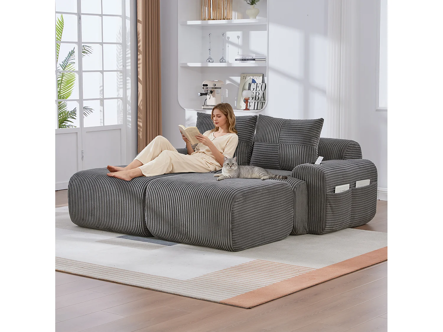 Canapé modulable 2 places - 200 x 174 x 80 cm - avec 2 poufs + porte-gobelets + poche de rangement - velours - gris foncé