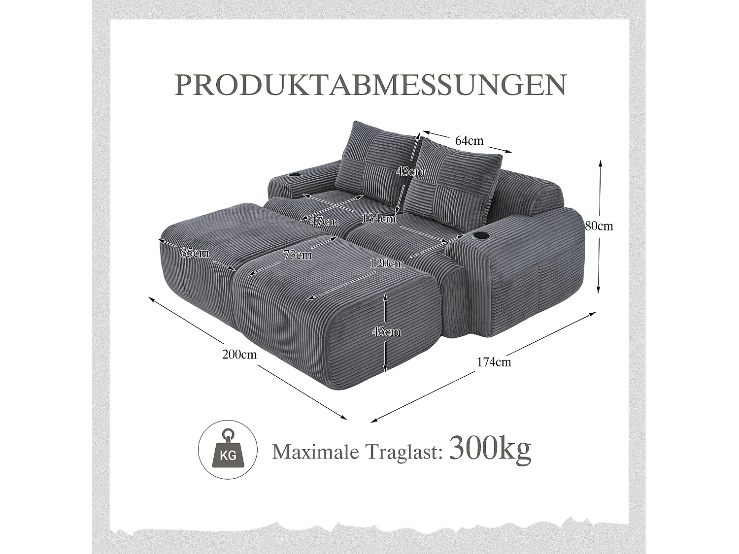 Canapé modulable 2 places - 200 x 174 x 80 cm - avec 2 poufs + porte-gobelets + poche de rangement - velours - gris foncé