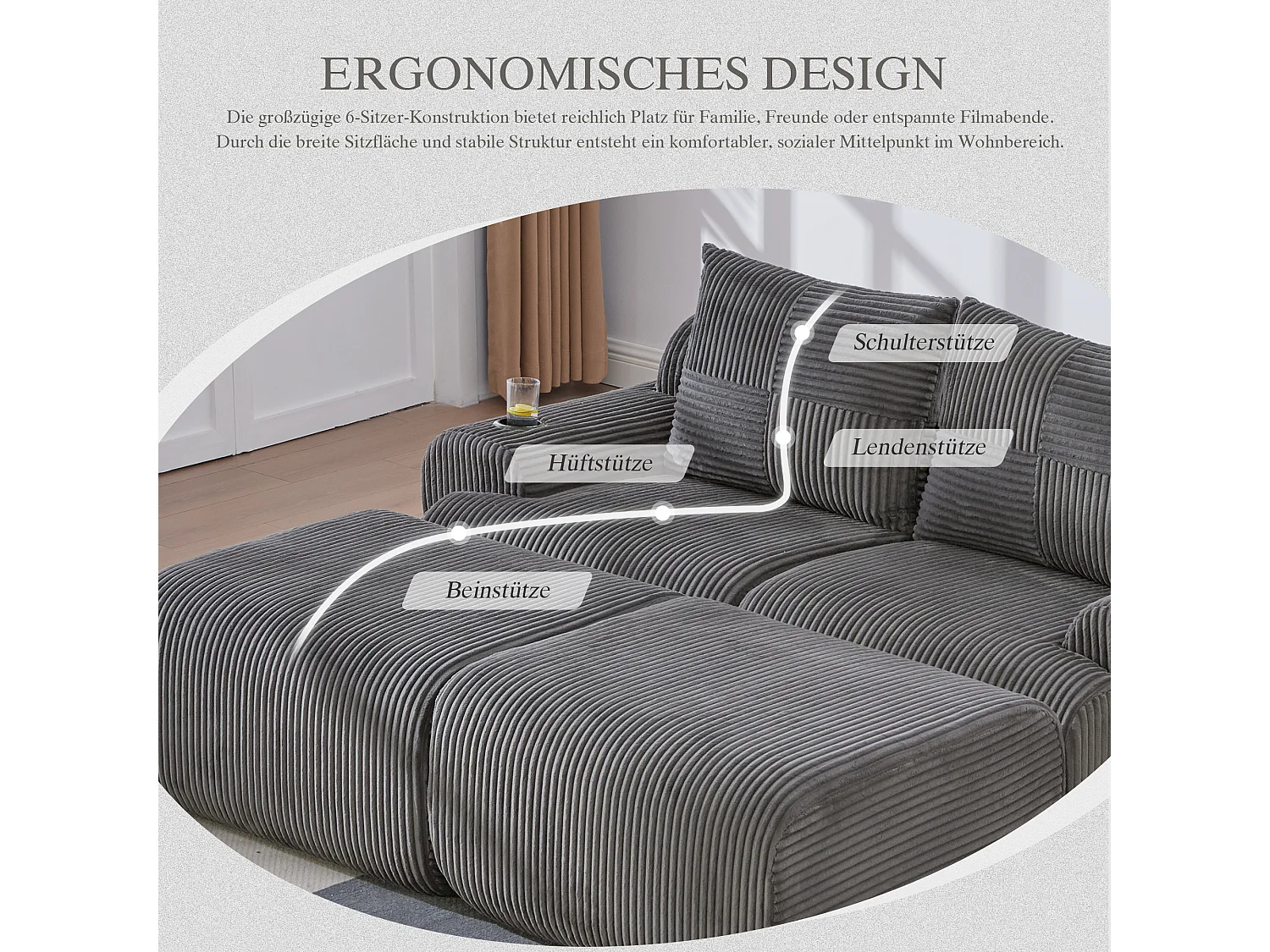 Canapé modulable 2 places - 200 x 174 x 80 cm - avec 2 poufs + porte-gobelets + poche de rangement - velours - gris foncé