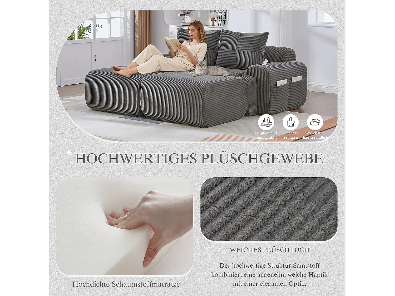 Canapé modulable 2 places - 200 x 174 x 80 cm - avec 2 poufs + porte-gobelets + poche de rangement - velours - gris foncé