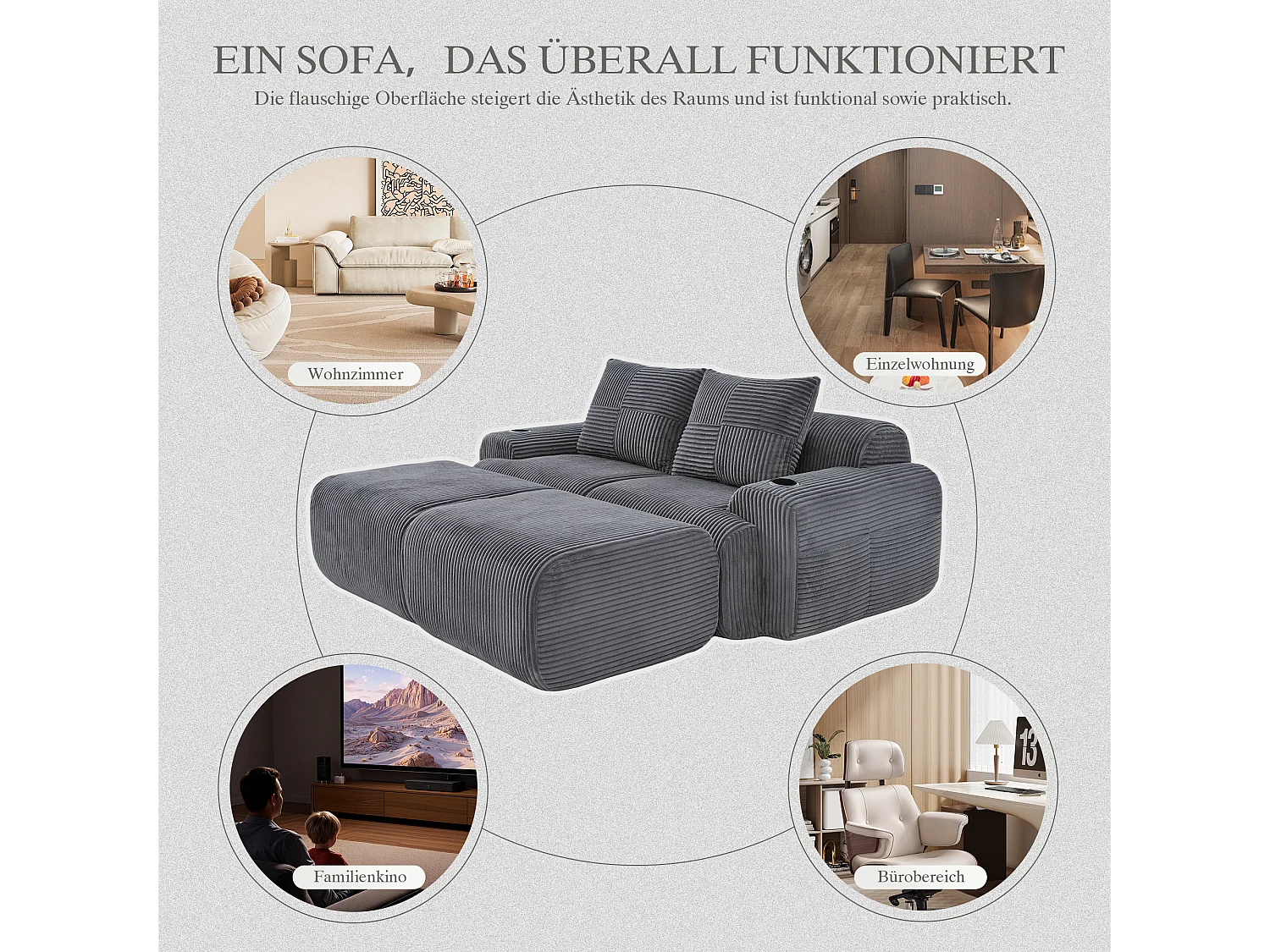 Canapé modulable 2 places - 200 x 174 x 80 cm - avec 2 poufs + porte-gobelets + poche de rangement - velours - gris foncé