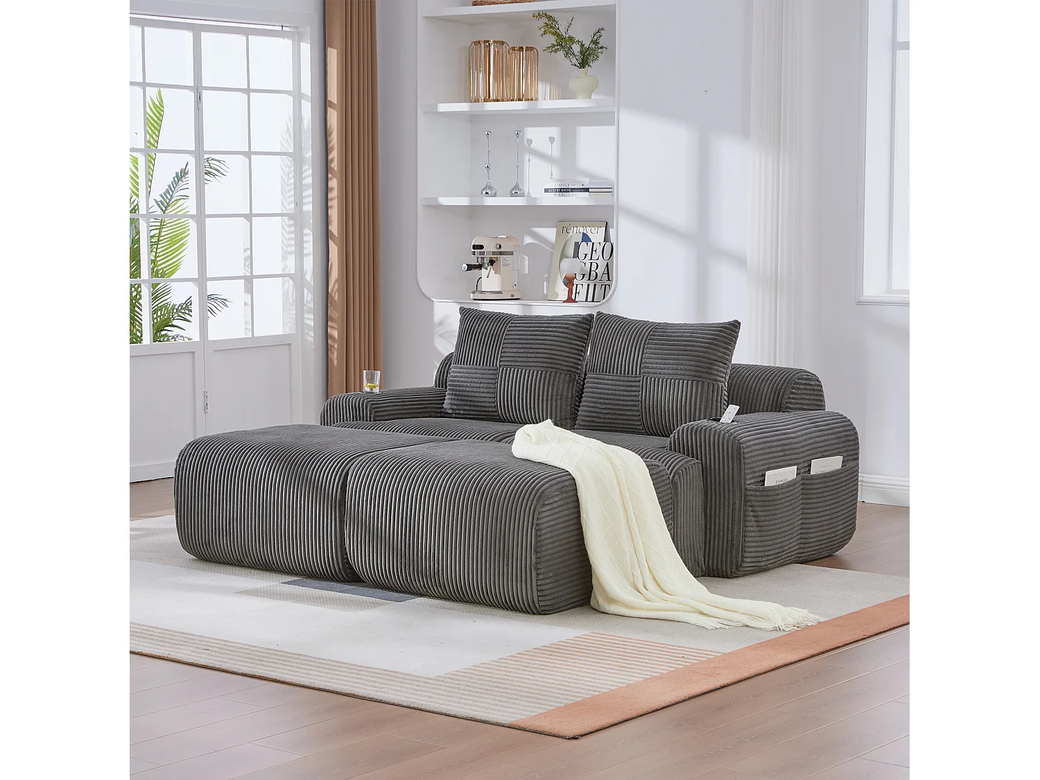 Canapé modulable 2 places - 200 x 174 x 80 cm - avec 2 poufs + porte-gobelets + poche de rangement - velours - gris foncé