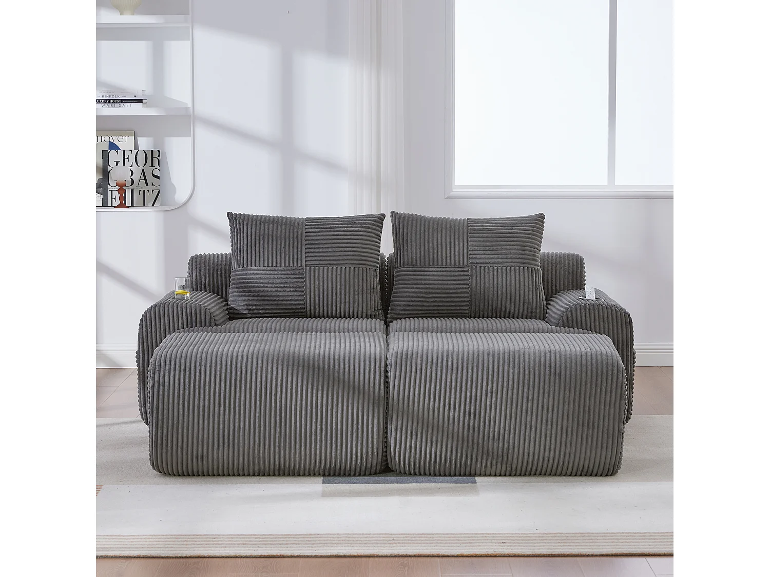 Canapé modulable 2 places - 200 x 174 x 80 cm - avec 2 poufs + porte-gobelets + poche de rangement - velours - gris foncé