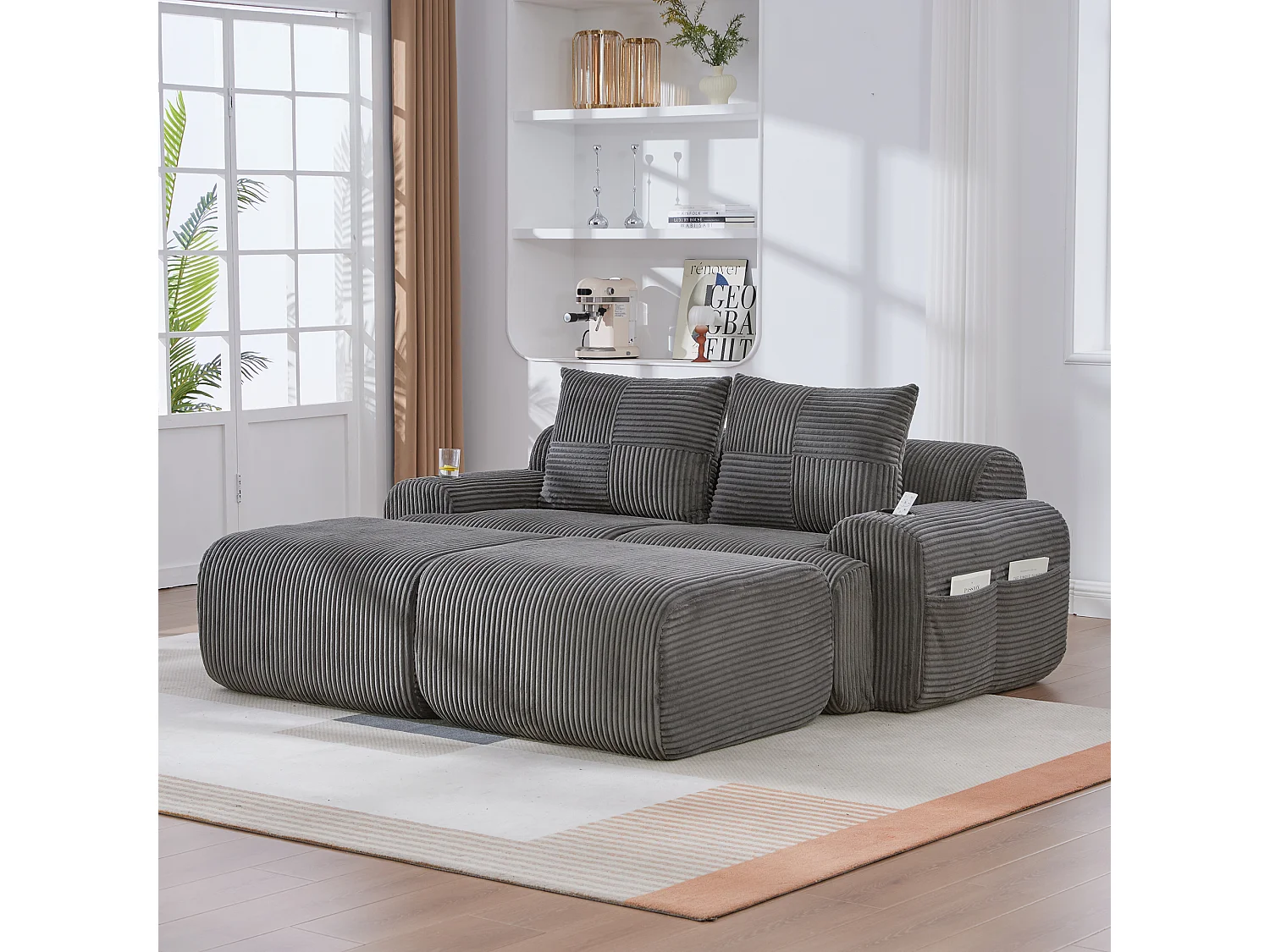 Canapé modulable 2 places - 200 x 174 x 80 cm - avec 2 poufs + porte-gobelets + poche de rangement - velours - gris foncé