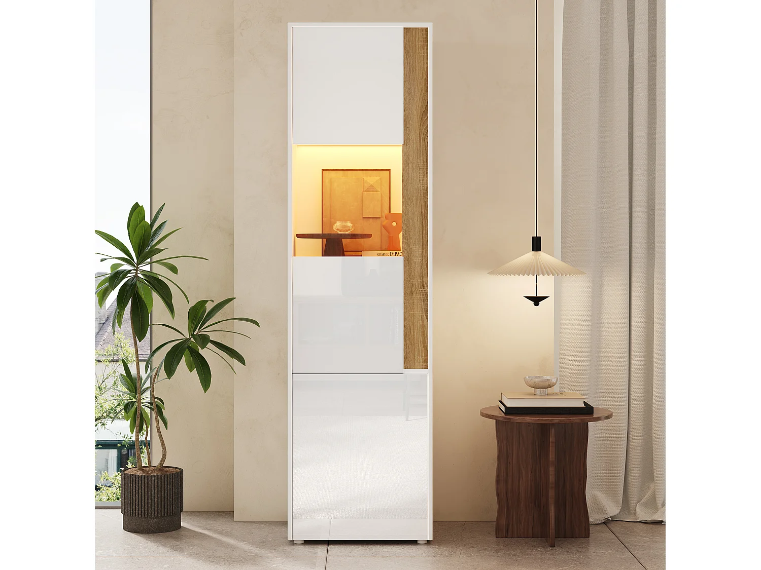 Vitrine 50x40x179cm - mit LED-Beleuchtung - mit 2 Türen - Höhenverstellbare Regalböden - Weiß + Natur