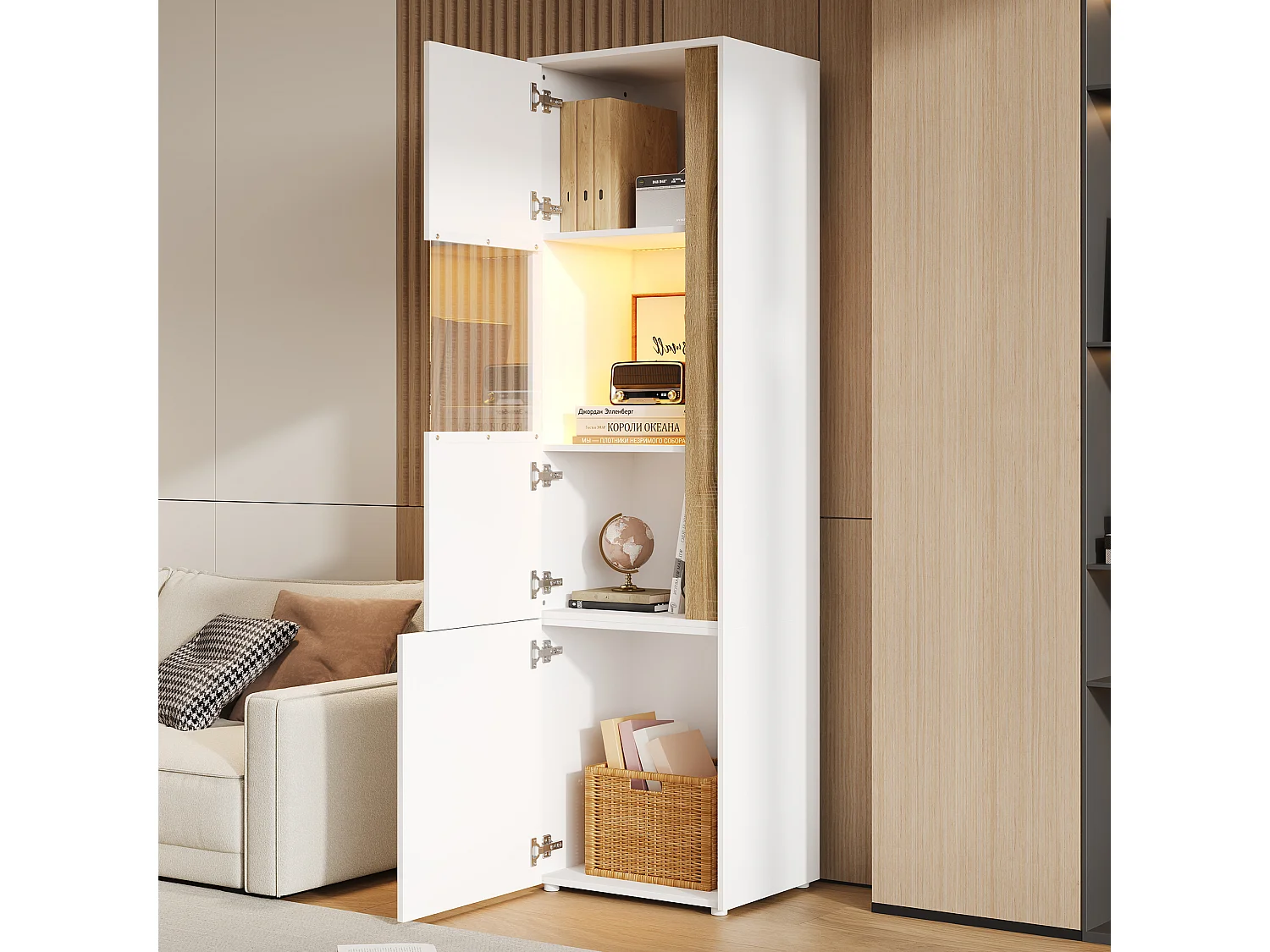 Vitrine 50x40x179cm - mit LED-Beleuchtung - mit 2 Türen - Höhenverstellbare Regalböden - Weiß + Natur