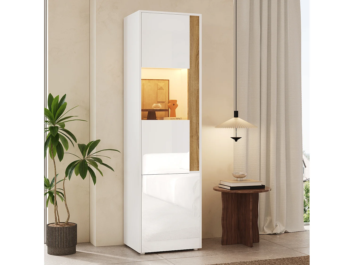 Vitrine 50x40x179cm - mit LED-Beleuchtung - mit 2 Türen - Höhenverstellbare Regalböden - Weiß + Natur