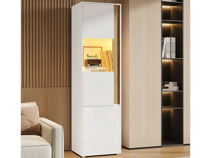 Vitrine 50x40x179cm - mit LED-Beleuchtung - mit 2 Türen - Höhenverstellbare Regalböden - Weiß + Natur