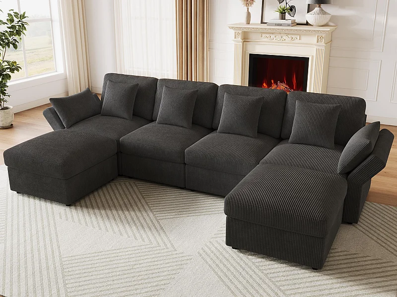 Canapé d'angle en forme de U - 6 places - avec accoudoirs réglables - avec repose-pieds amovible - Velours côtelé - gris