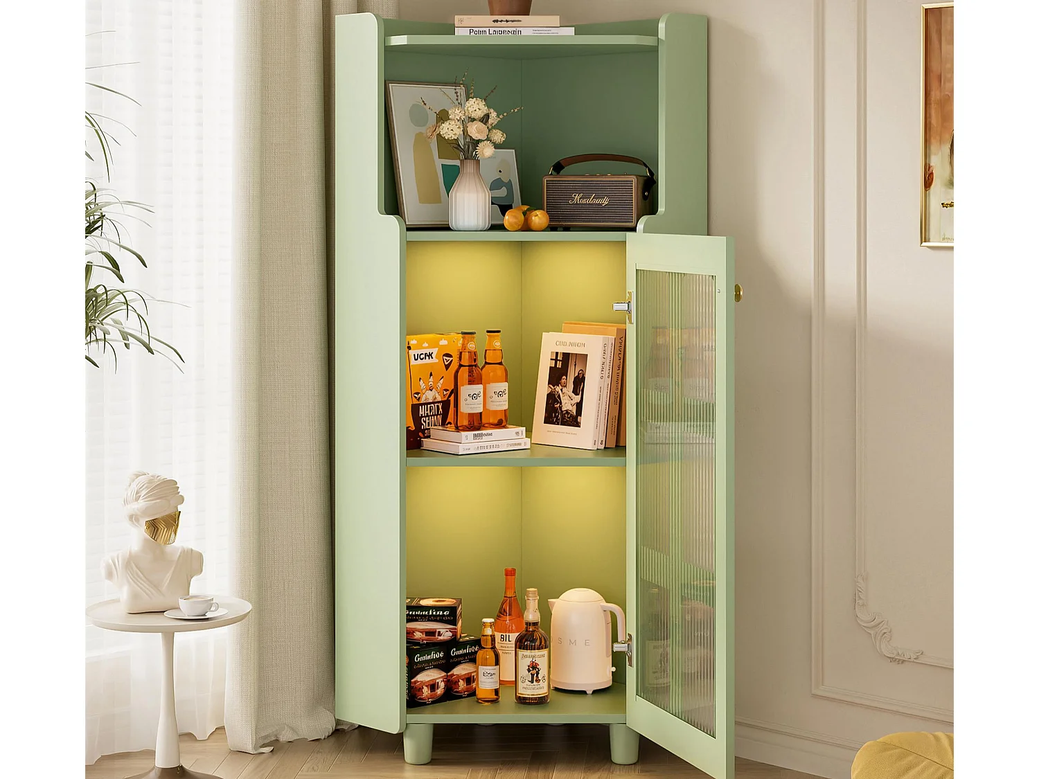 Badezimmer-Ecksäule - mit LED-Beleuchtung - mit 1 Tür - mit 2 Regalböden - mit offenen Regalen - grün