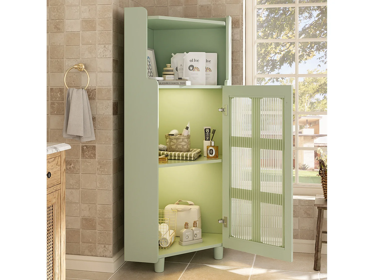 Badezimmer-Ecksäule - mit LED-Beleuchtung - mit 1 Tür - mit 2 Regalböden - mit offenen Regalen - grün