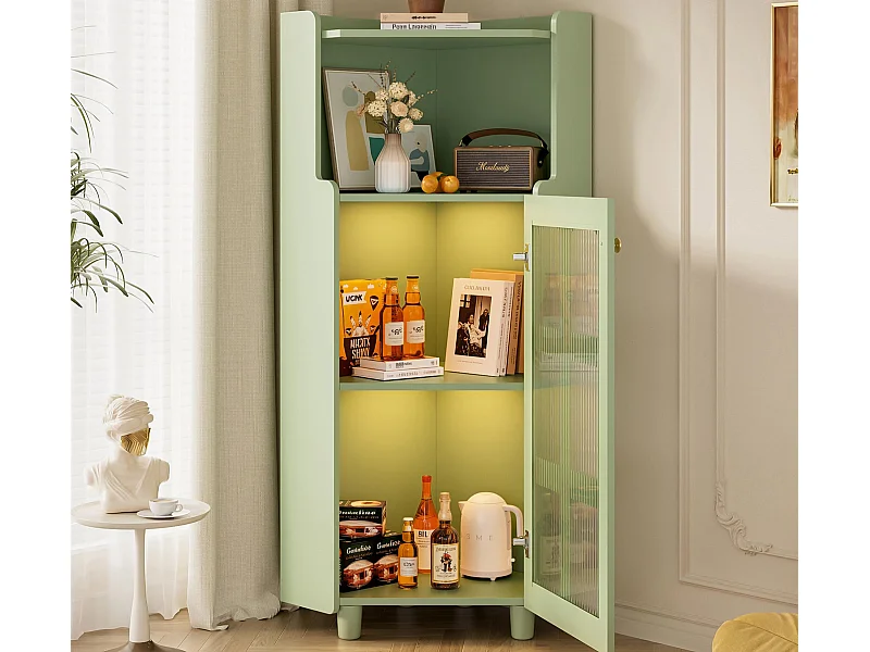 Badkamer hoekkolom - met LED-verlichting - met 1 deur - met 2 planken - met open planken - groen