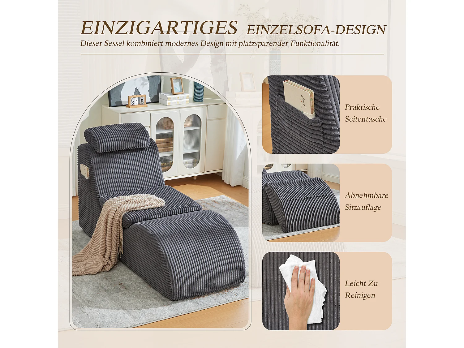 Canapé moderne au design unique et ergonomique - 160 x 66 x 90 cm - avec coussin d'assise amovible - velours - gris foncé