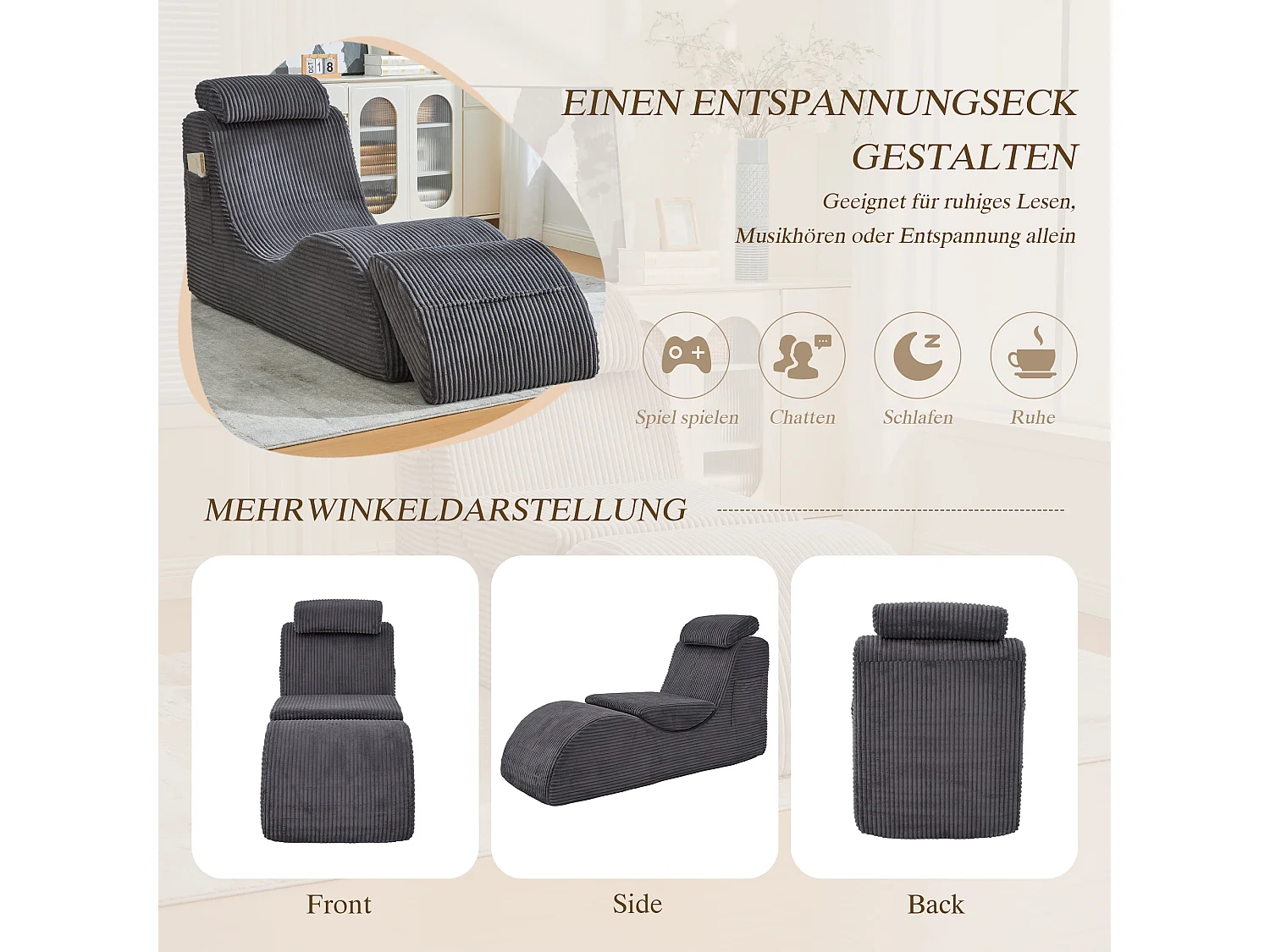 Canapé moderne au design unique et ergonomique - 160 x 66 x 90 cm - avec coussin d'assise amovible - velours - gris foncé