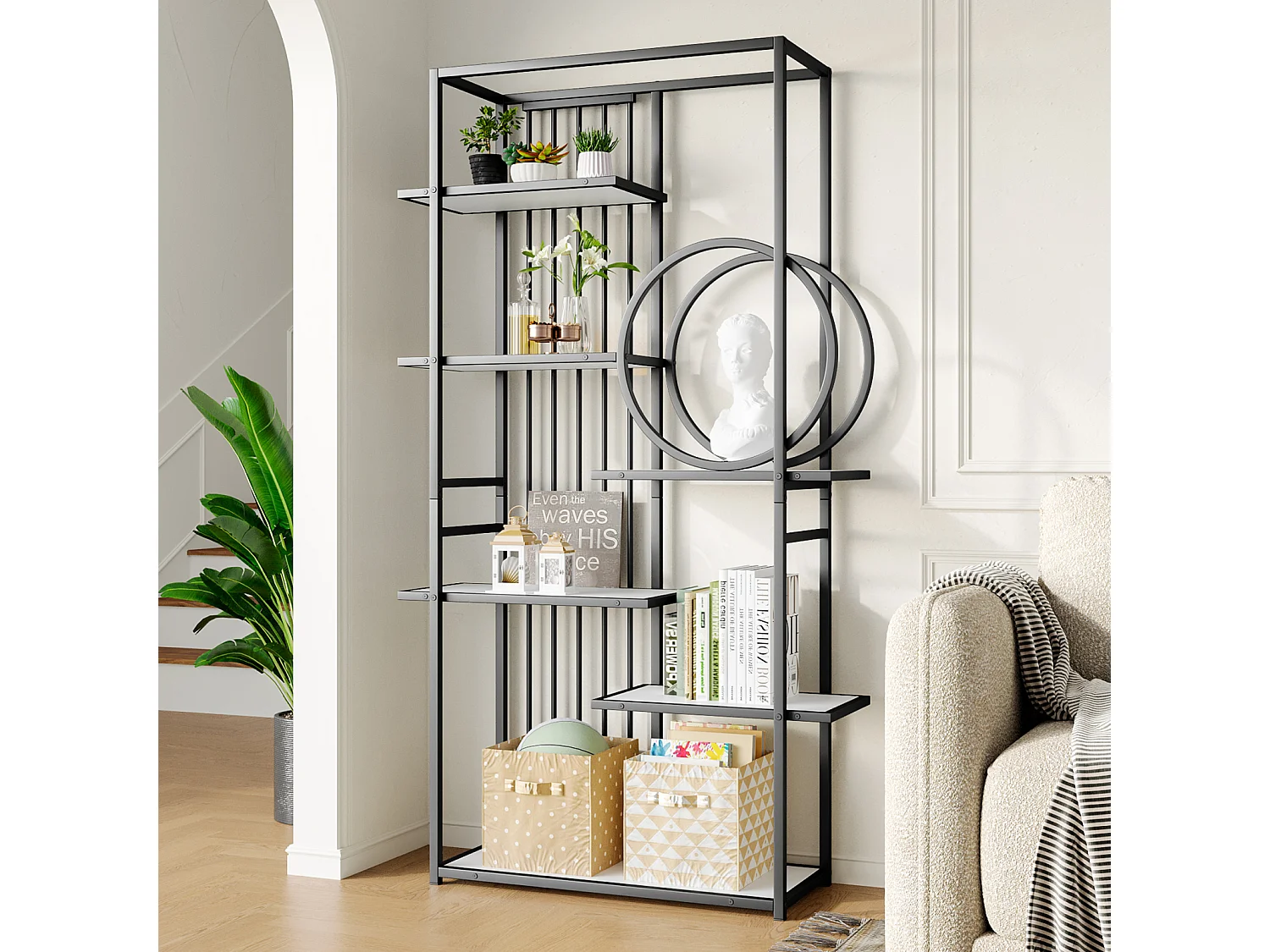 Étagère à 6 niveaux - structure géométrique, décor circulaire - 80 x 30 x 180 cm - noir et blanc