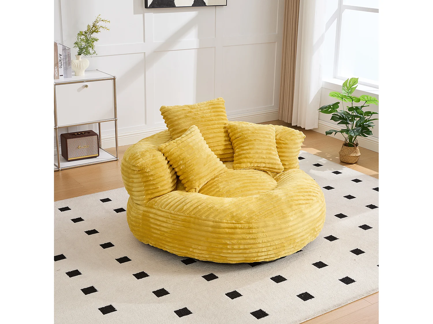 Fauteuil pouf en velours côtelé - Avec 3 coussins - Jaune moutarde