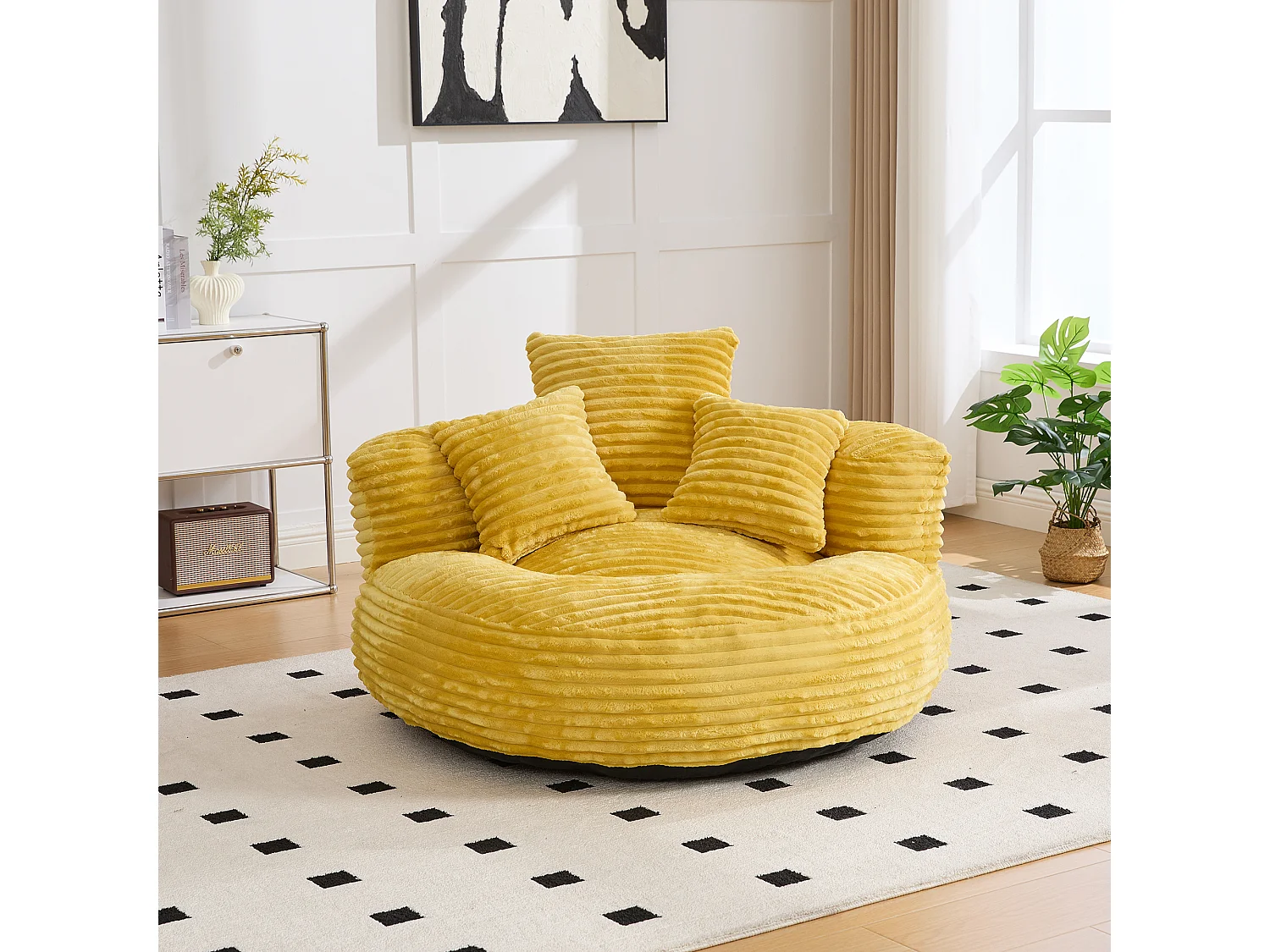 Fauteuil pouf en velours côtelé - Avec 3 coussins - Jaune moutarde
