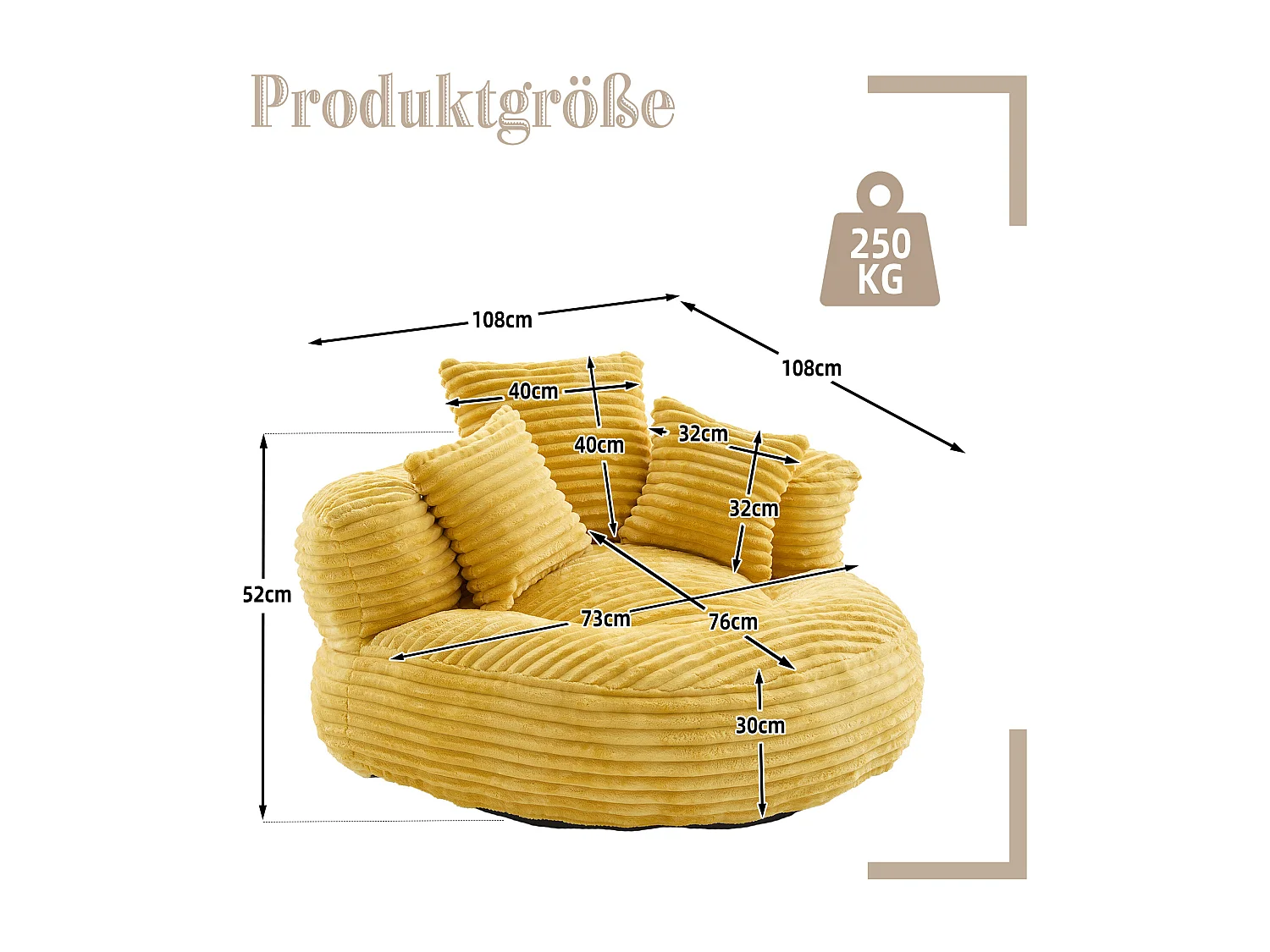 Fauteuil pouf en velours côtelé - Avec 3 coussins - Jaune moutarde