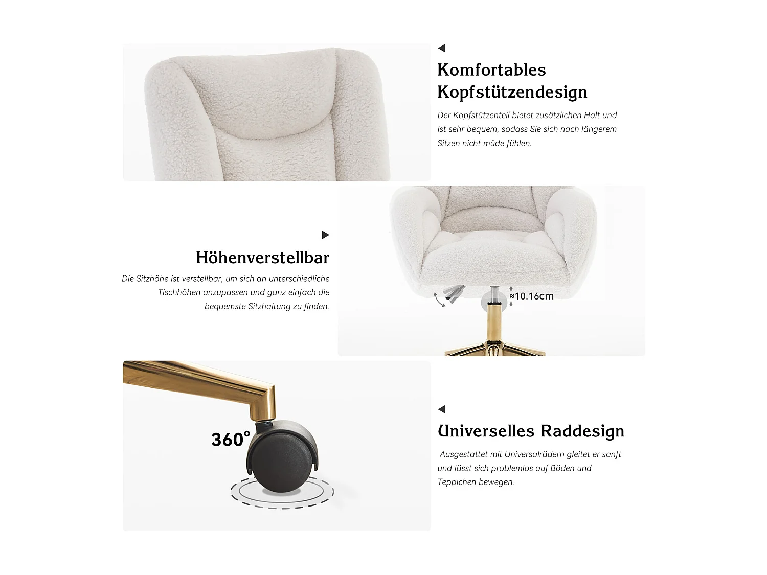 Fauteuil pivotant réglable en hauteur - pieds dorés - Velours Teddy blanc