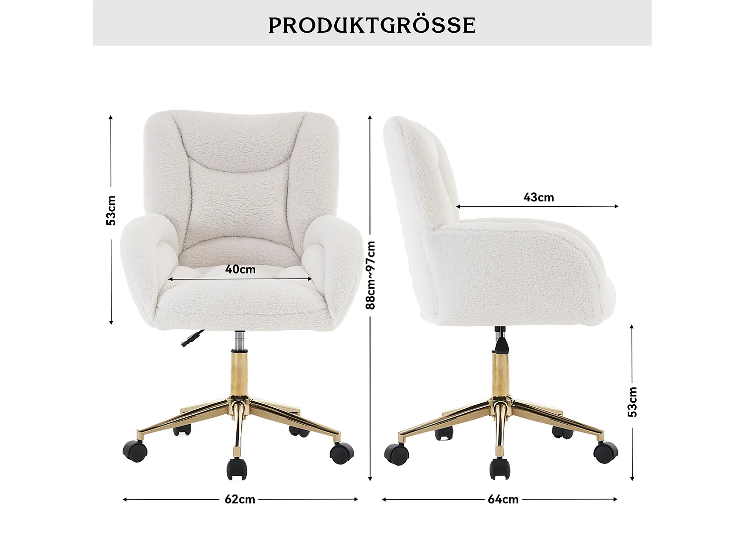Fauteuil pivotant réglable en hauteur - pieds dorés - Velours Teddy blanc