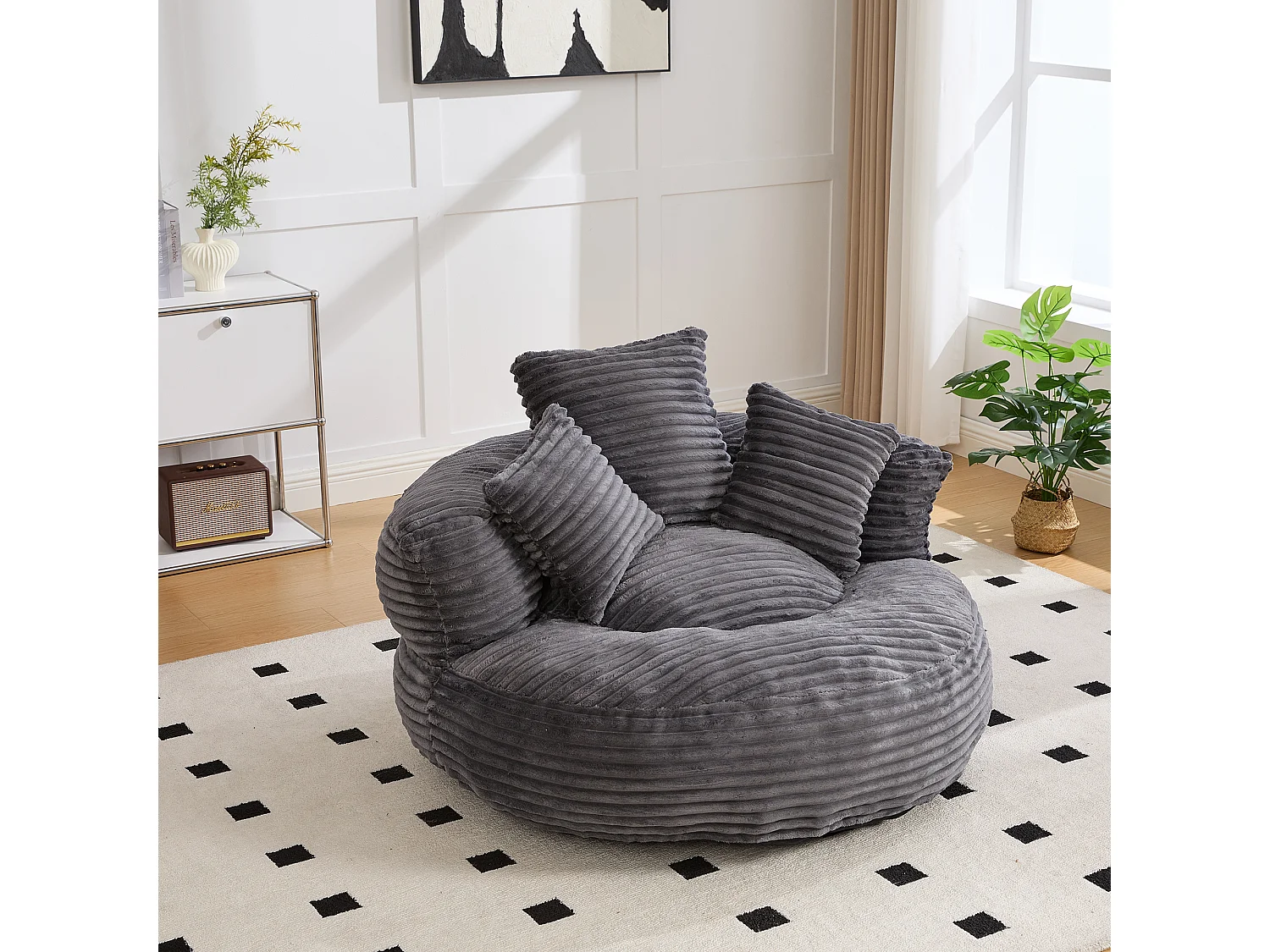 Fauteuil pouf en velours côtelé - Avec 3 coussins - Gris foncé