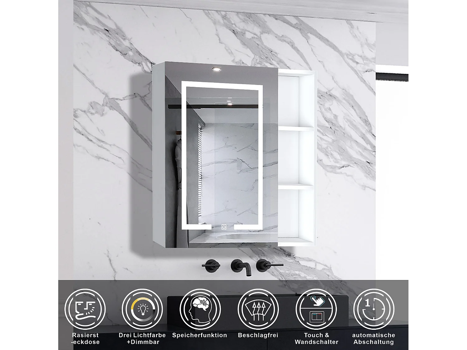 AICA LED Spiegelschrank mit Seiteschrank 60x70cm,Beschlagfrei,3 Lichtfarbe,Dimmbar,Steckdose - Weiß Matt