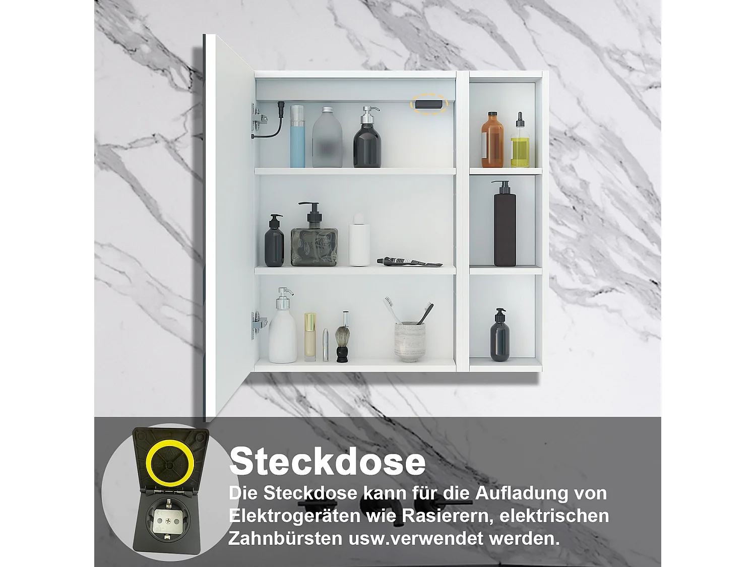 AICA LED Spiegelschrank mit Seiteschrank 60x70cm,Beschlagfrei,3 Lichtfarbe,Dimmbar,Steckdose - Weiß Matt