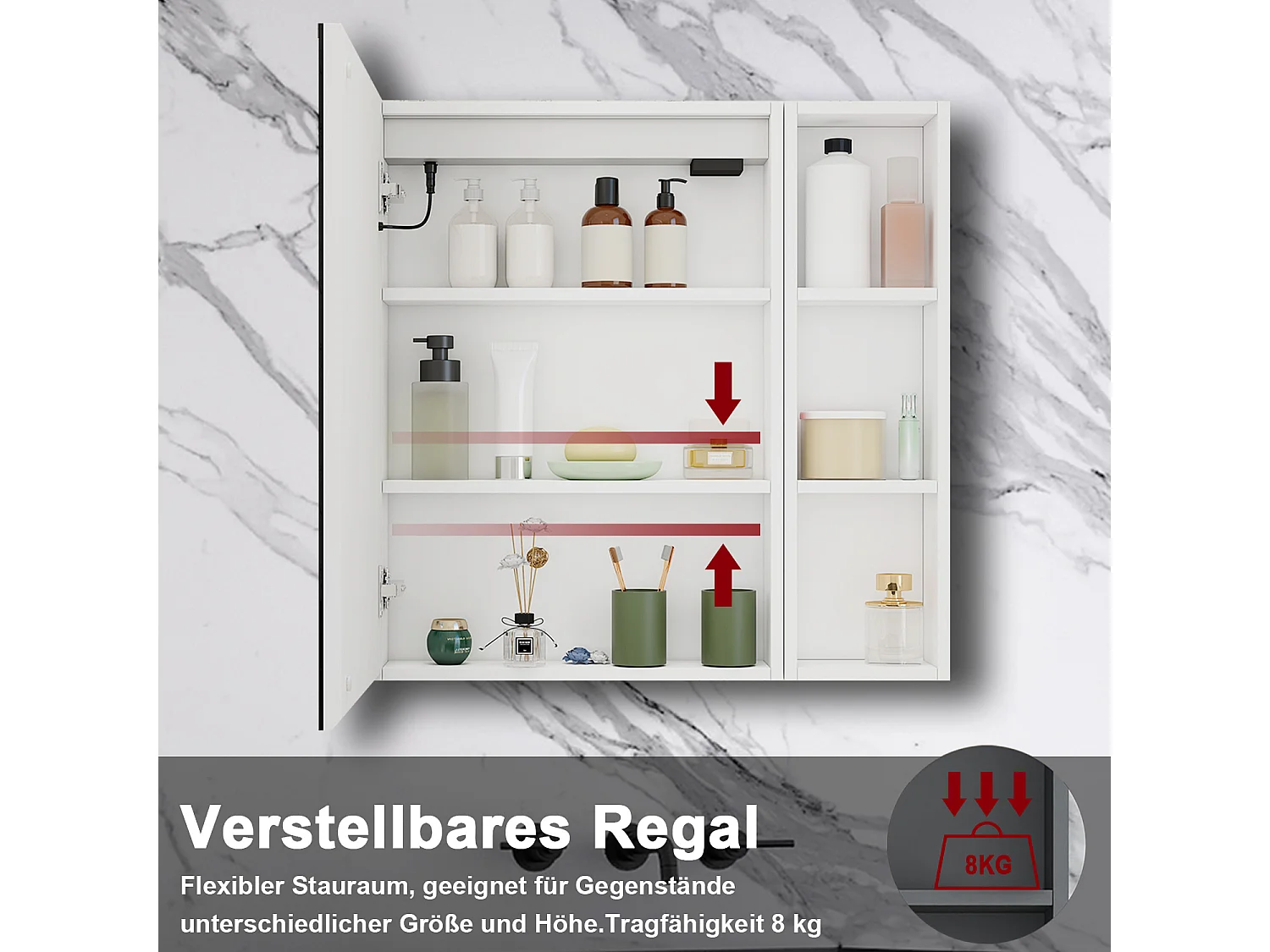 AICA LED Spiegelschrank mit Seiteschrank 60x70cm,Beschlagfrei,3 Lichtfarbe,Dimmbar,Steckdose - Weiß Matt
