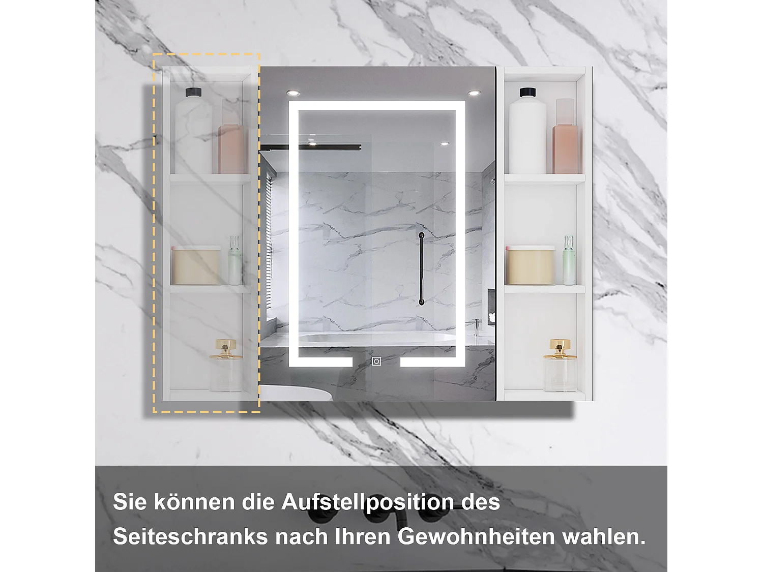 AICA LED Spiegelschrank mit Seiteschrank 60x70cm,Beschlagfrei,3 Lichtfarbe,Dimmbar,Steckdose - Weiß Matt