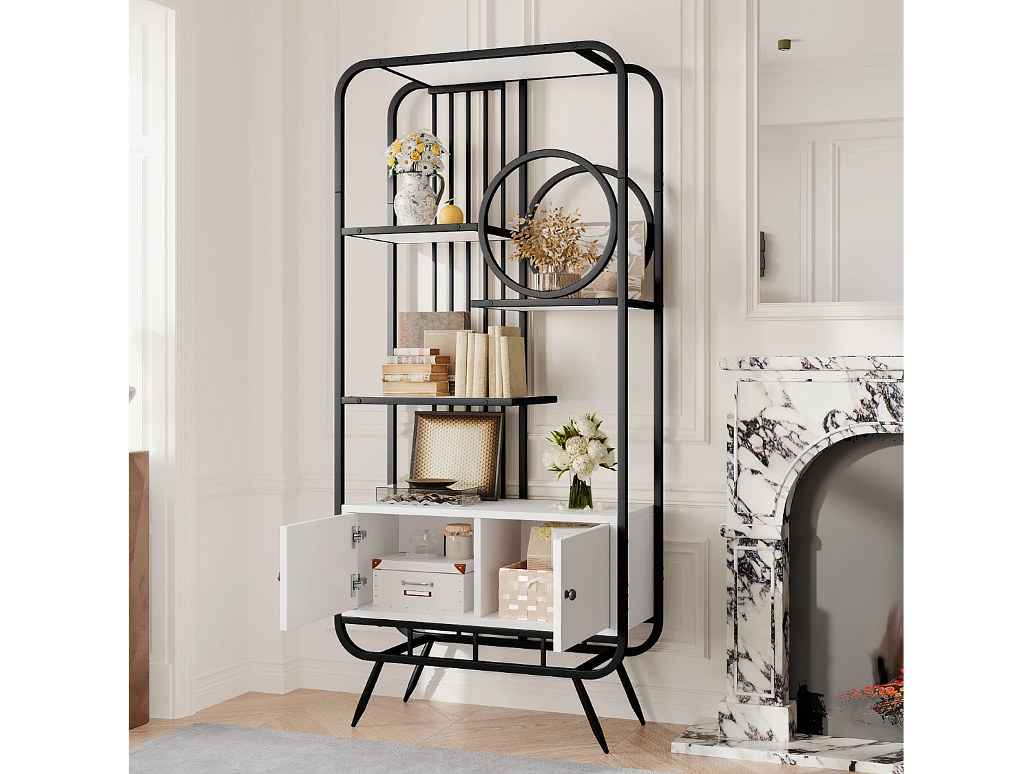 Étagère de rangement à double porte - 3 étagères - pieds en métal - 80 x 30 x 180 cm - élément décoratif rond