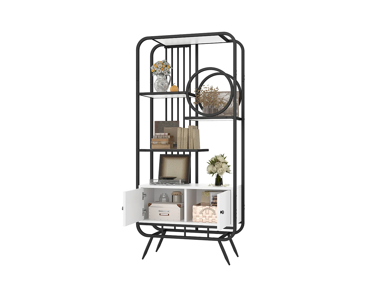 Opbergrek met dubbele deur - 3 planken - metalen poten - 80 x 30 x 180 cm - rond decoratief element