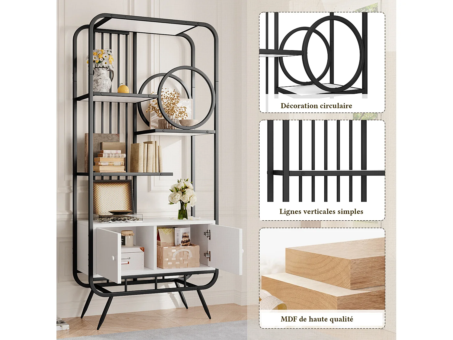 Opbergrek met dubbele deur - 3 planken - metalen poten - 80 x 30 x 180 cm - rond decoratief element