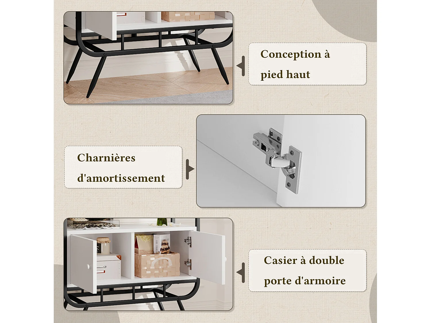 Opbergrek met dubbele deur - 3 planken - metalen poten - 80 x 30 x 180 cm - rond decoratief element