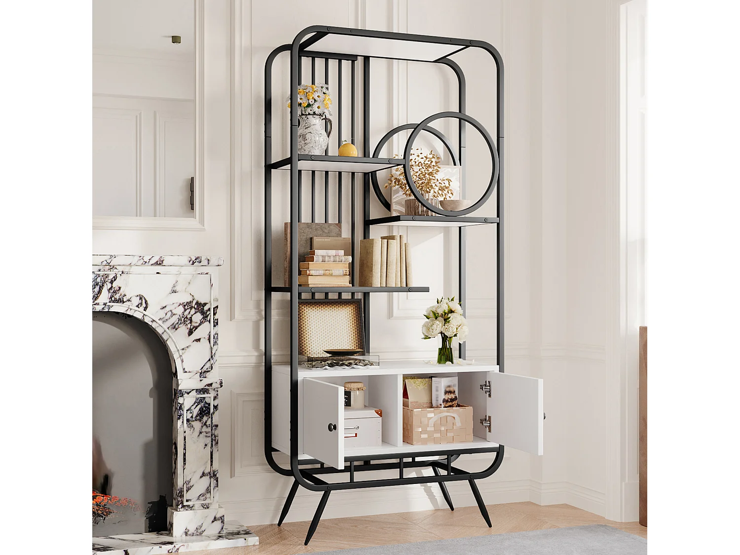 Opbergrek met dubbele deur - 3 planken - metalen poten - 80 x 30 x 180 cm - rond decoratief element