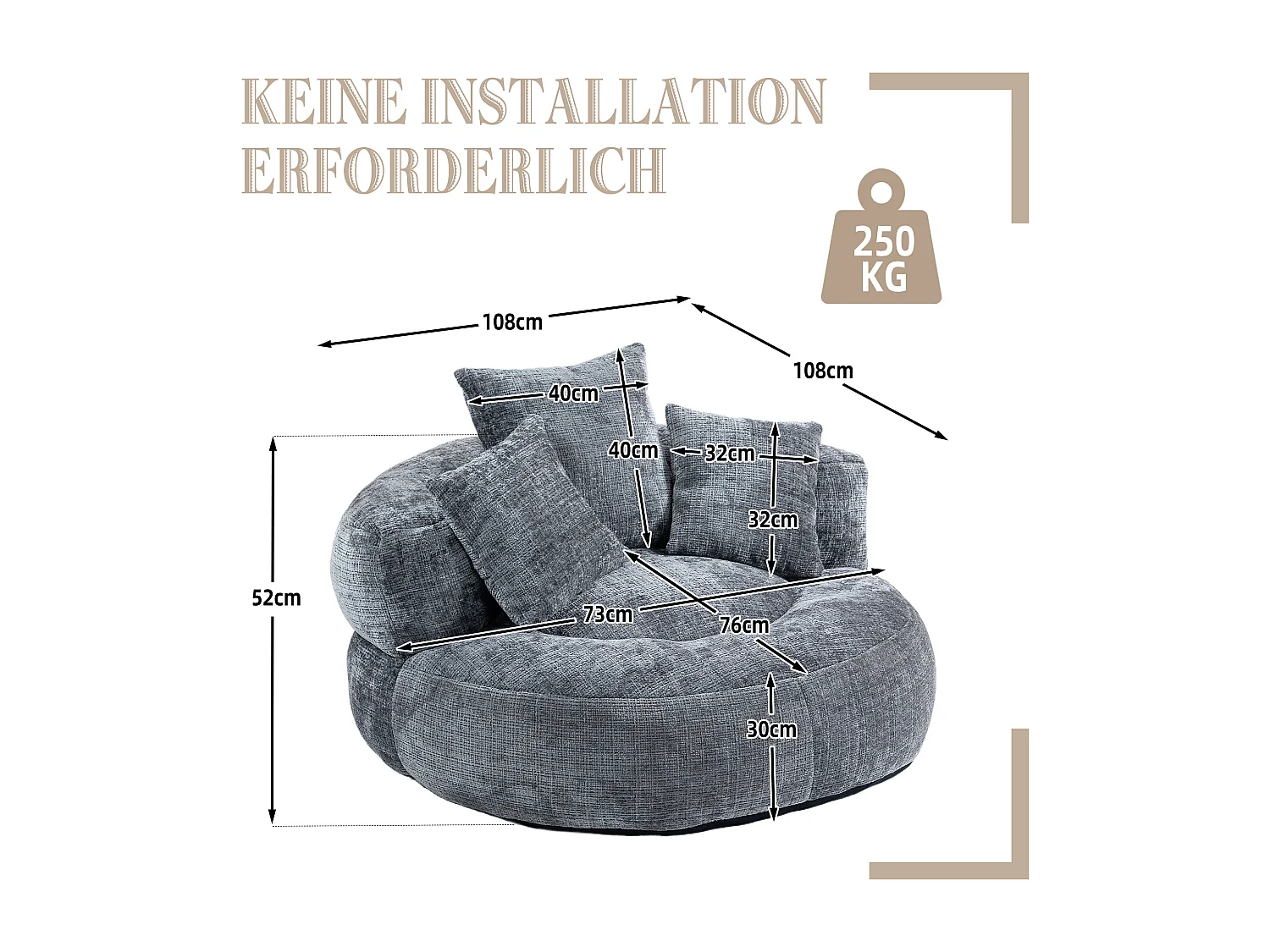 Fauteuil poire avec 3 coussins - Pour adulte et enfant - Chenille gris, sans montage